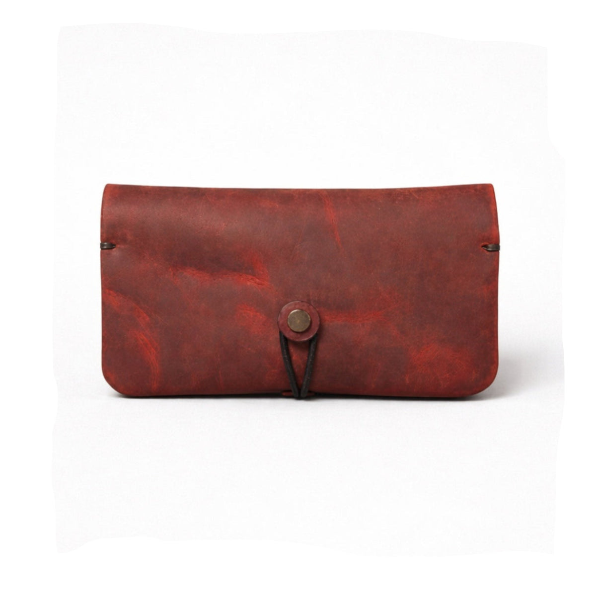 A reddish-brown leather clutch bag with a flap closure and a central snap button, shown against a plain white background.