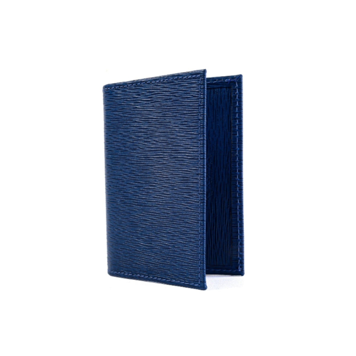 A dark blue textured leather bifold card holder shown open against a plain white background.