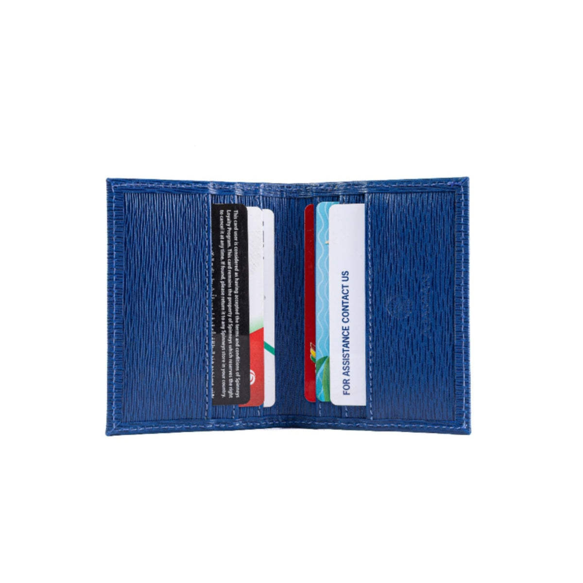 A blue textured leather bi-fold wallet shown open, displaying multiple card slots with sample credit cards inserted, set against a plain white background.