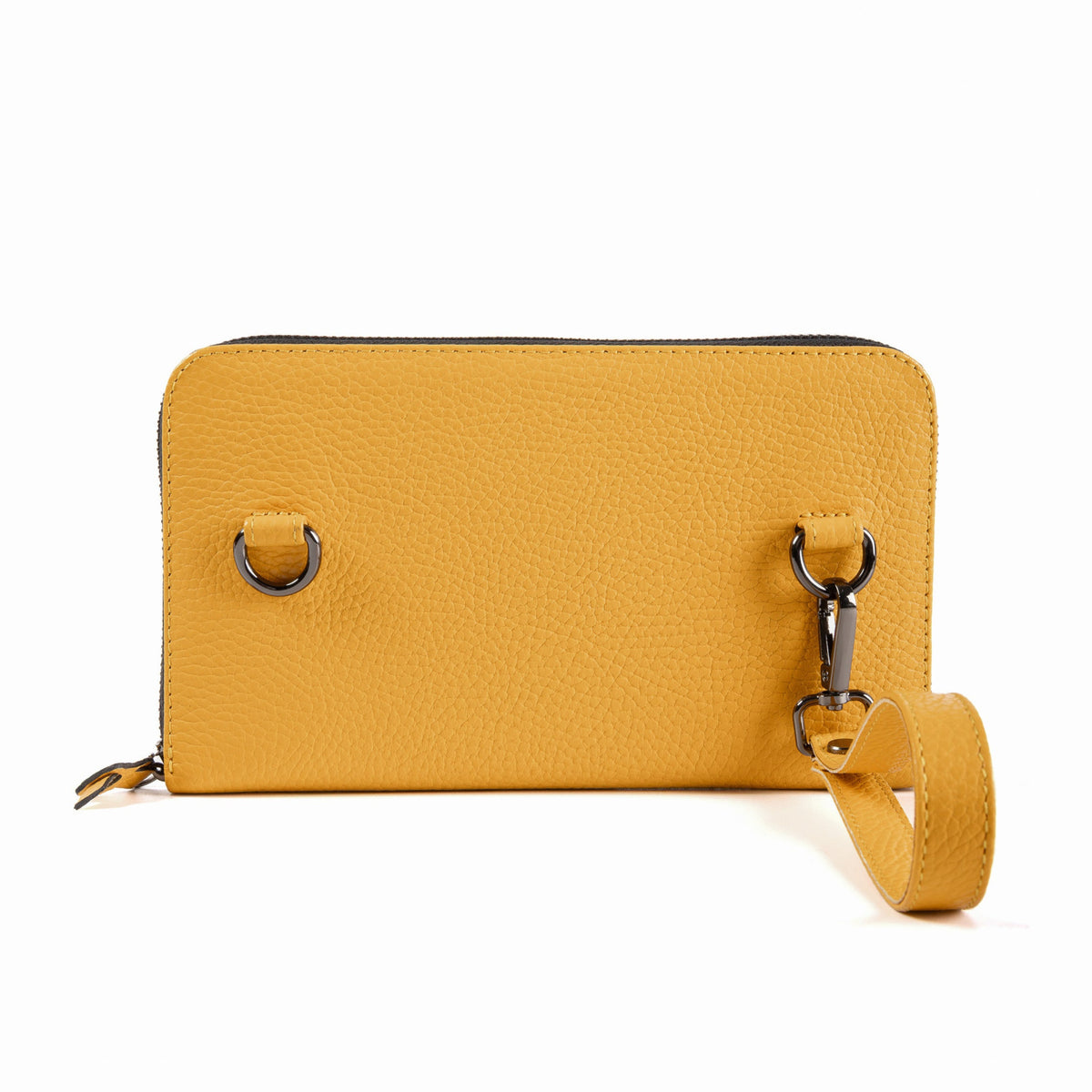 A mustard yellow leather clutch bag with a matching wristlet strap and gold-tone hardware, shown against a plain white background.