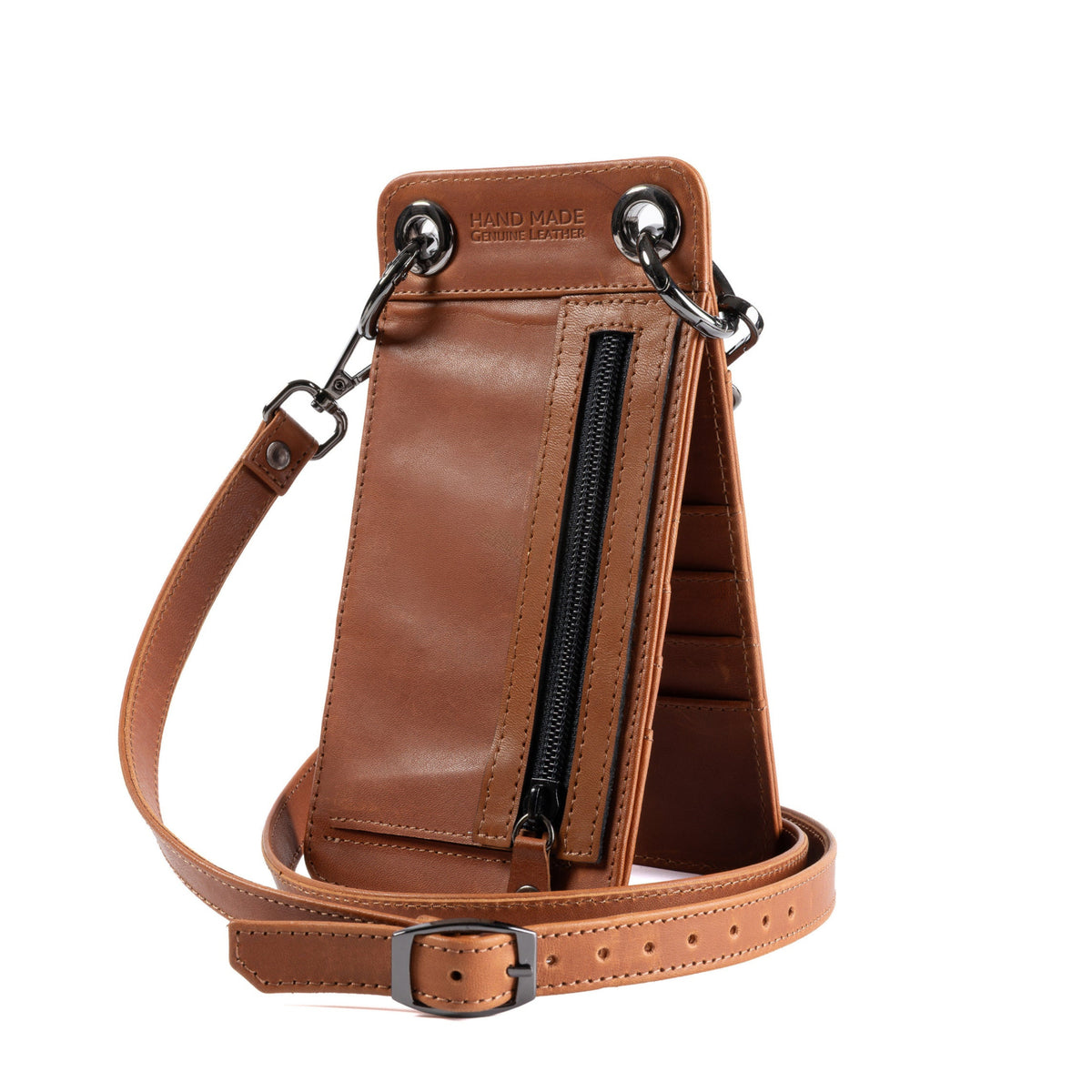 A brown leather crossbody phone pouch with a detachable strap, shown on a plain white background.