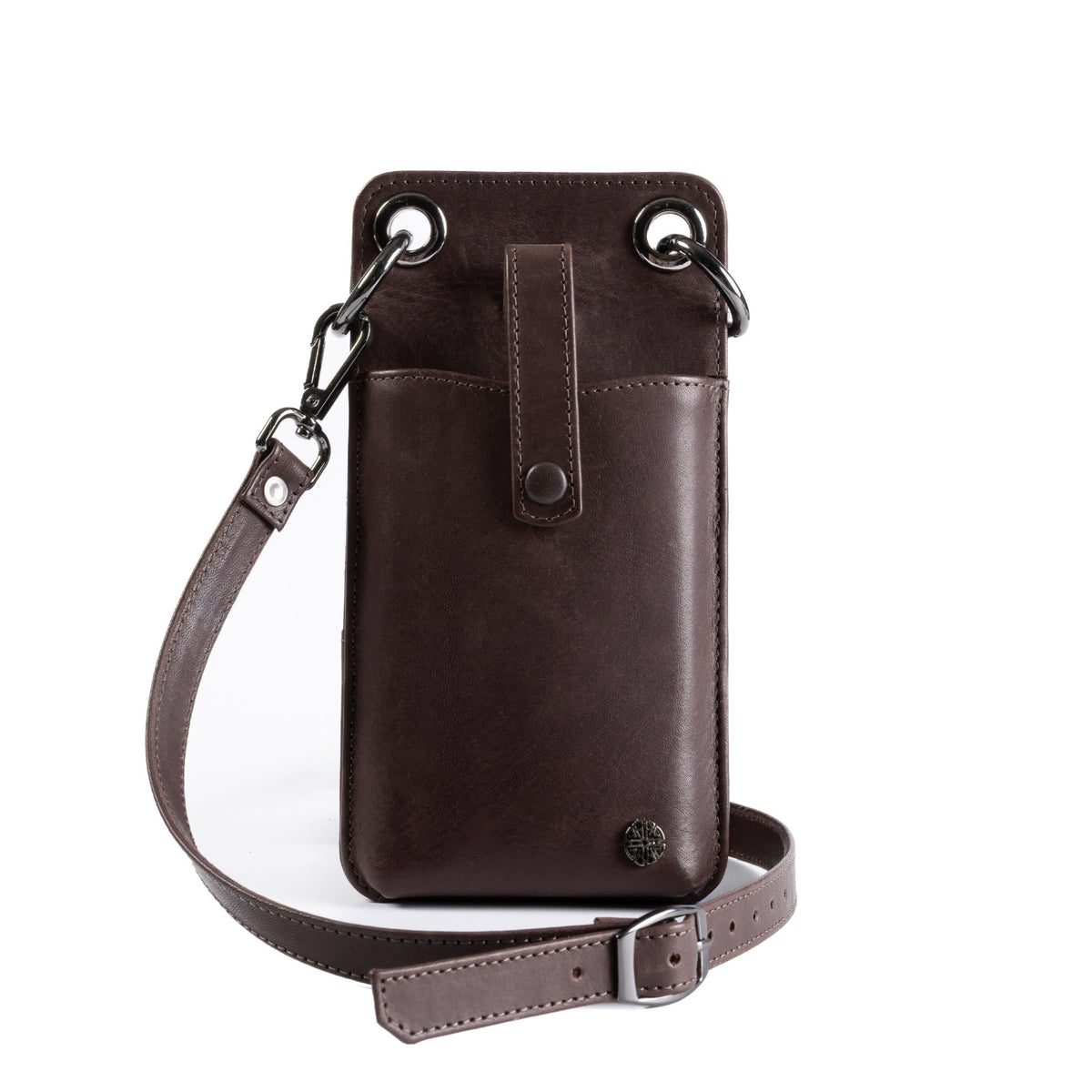 A dark brown leather crossbody phone pouch with a matching adjustable strap, displayed on a clean white background.
