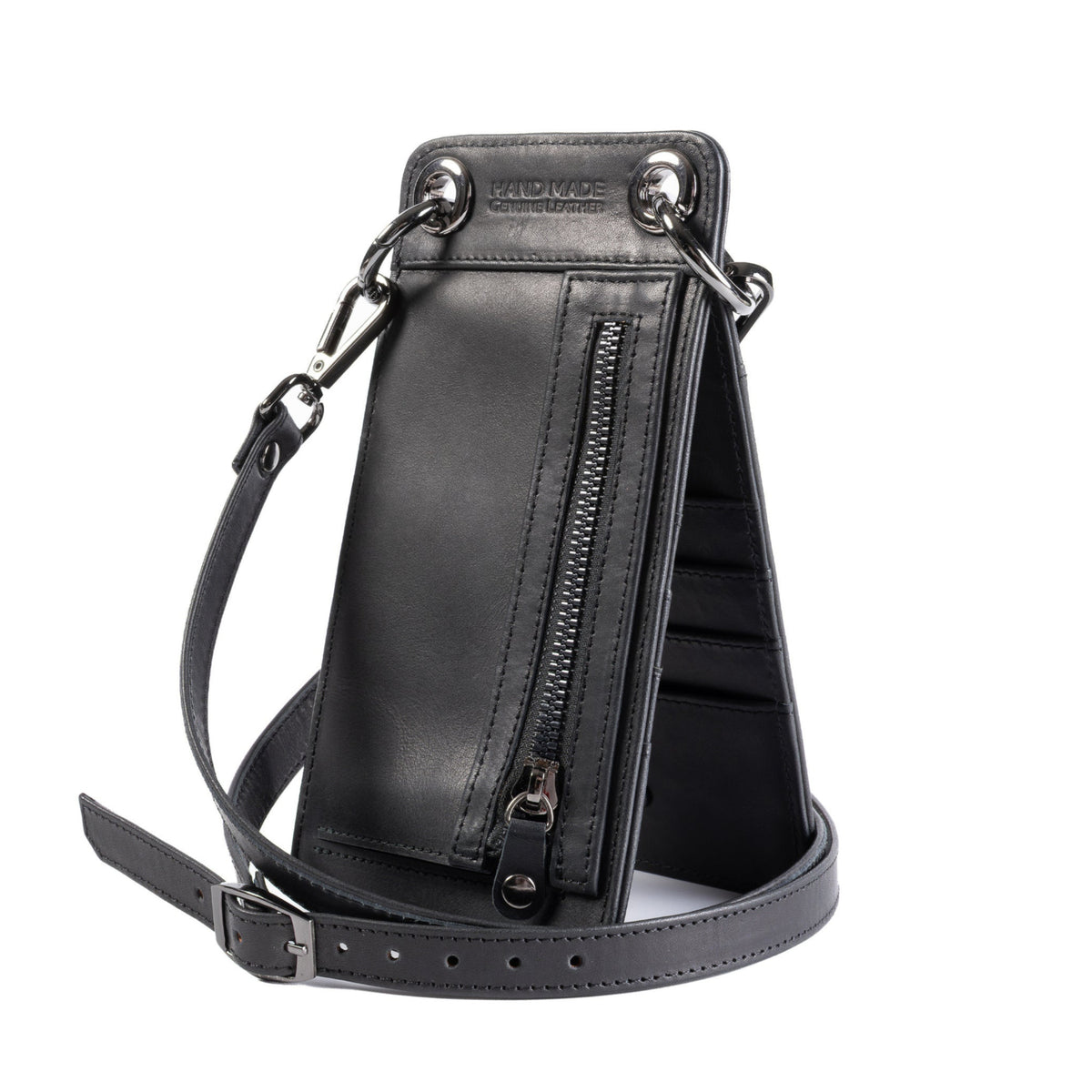 A black leather crossbody phone pouch with a front zipper pocket, card slots, and an adjustable shoulder strap, shown on a white background.