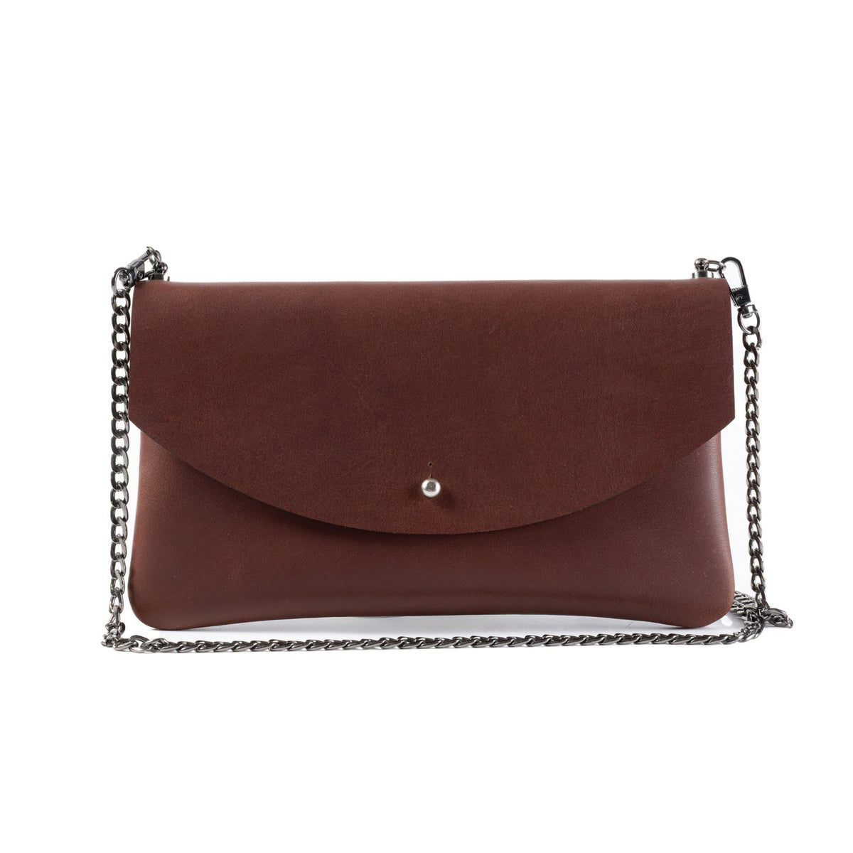 A brown leather envelope-style crossbody bag with a silver chain strap and a small silver snap button on the front, shown against a plain white background.