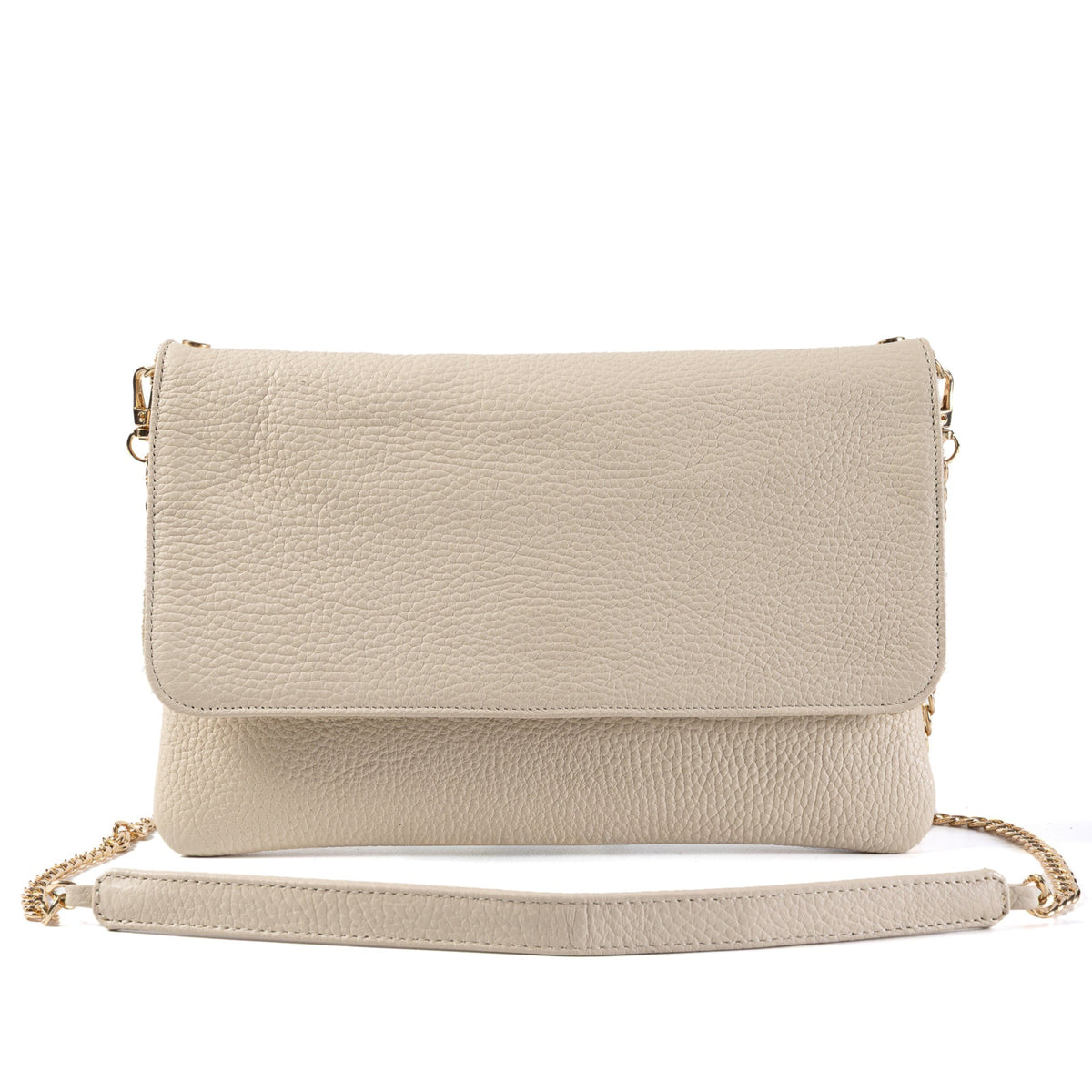 A light beige textured leather crossbody bag with a matching detachable shoulder strap and small gold-tone hardware, shown against a plain white background.