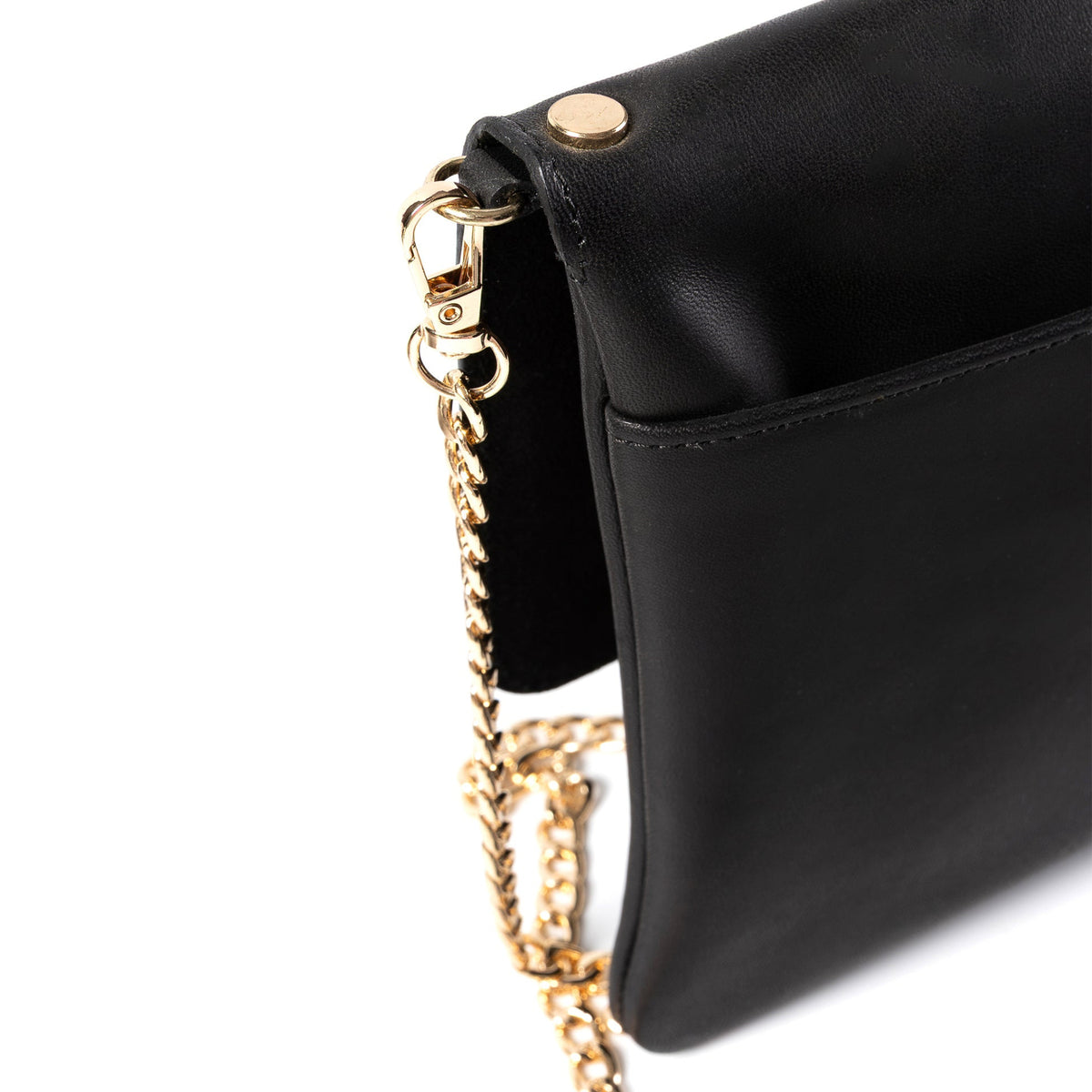 Close-up of a black leather clutch bag with a gold-tone metal snap button, clasp, and chain strap on a white background.