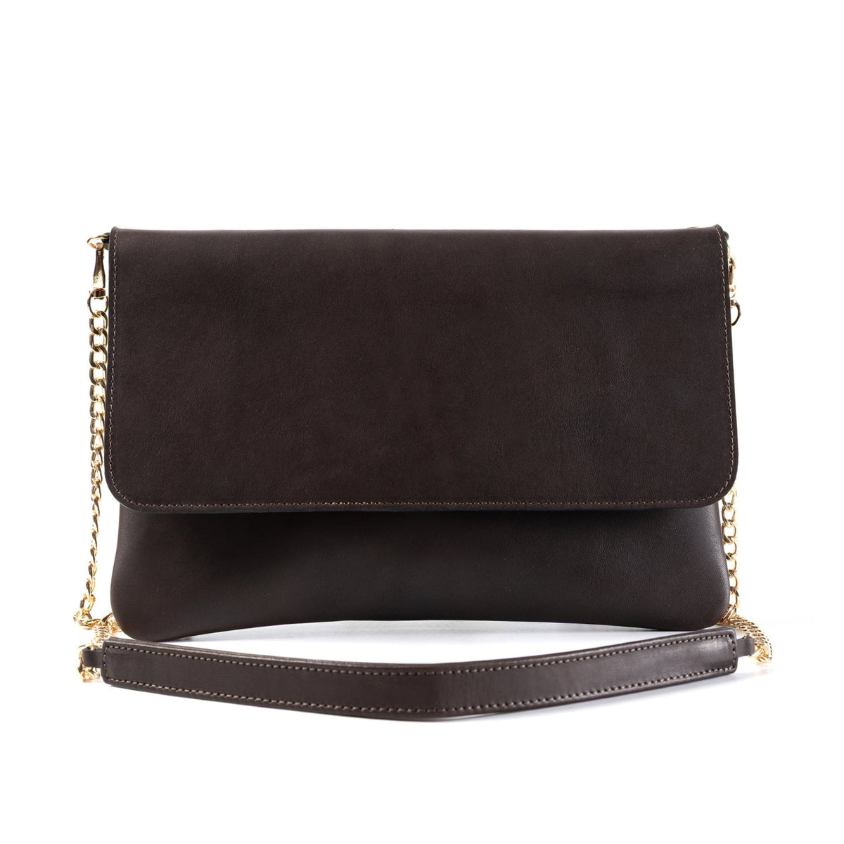 A dark brown suede envelope clutch bag with a matching leather wristlet strap and a gold-tone chain link detail, shown against a plain white background.