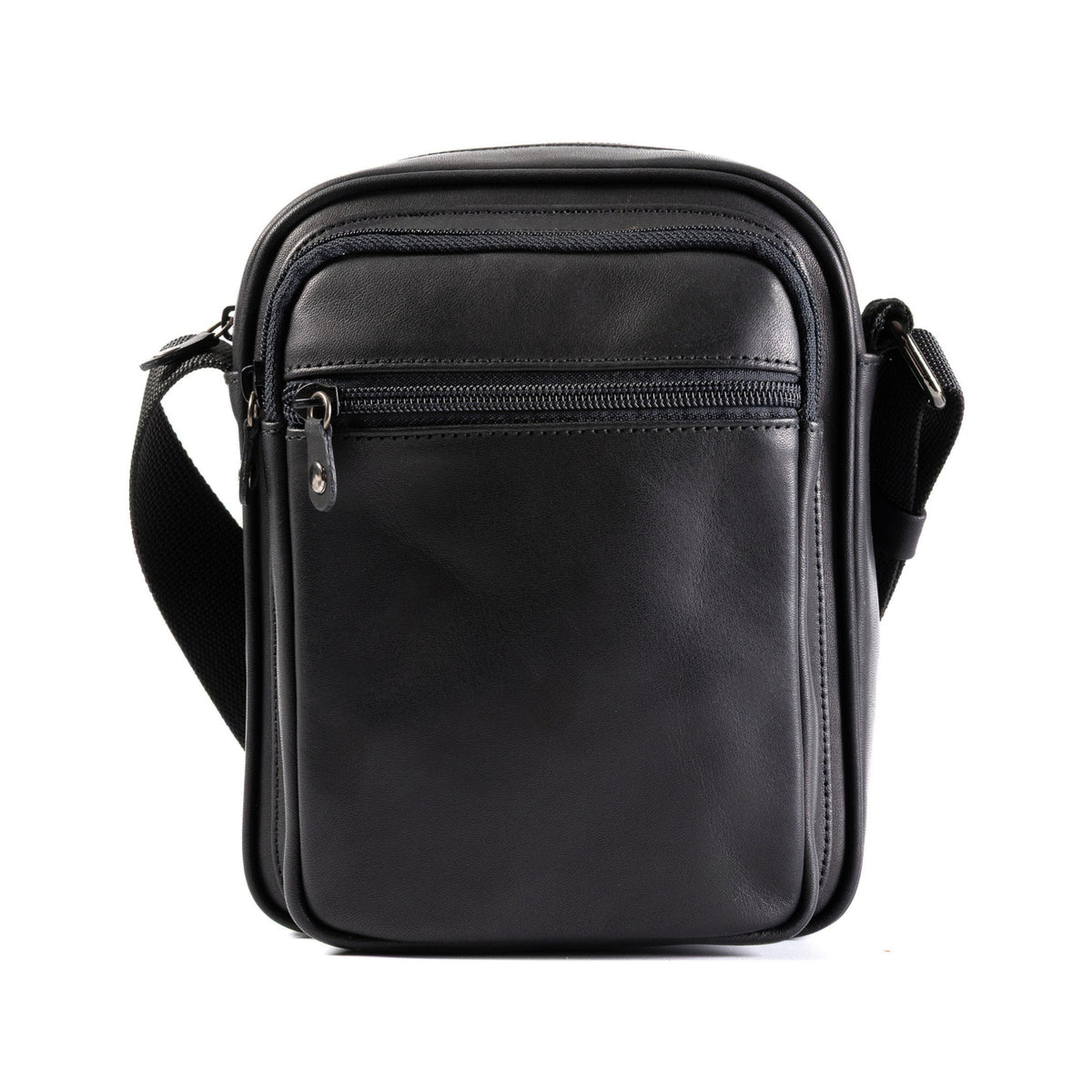 A black leather crossbody phone bag with a front zippered pocket and a black adjustable shoulder strap, shown against a plain white background.