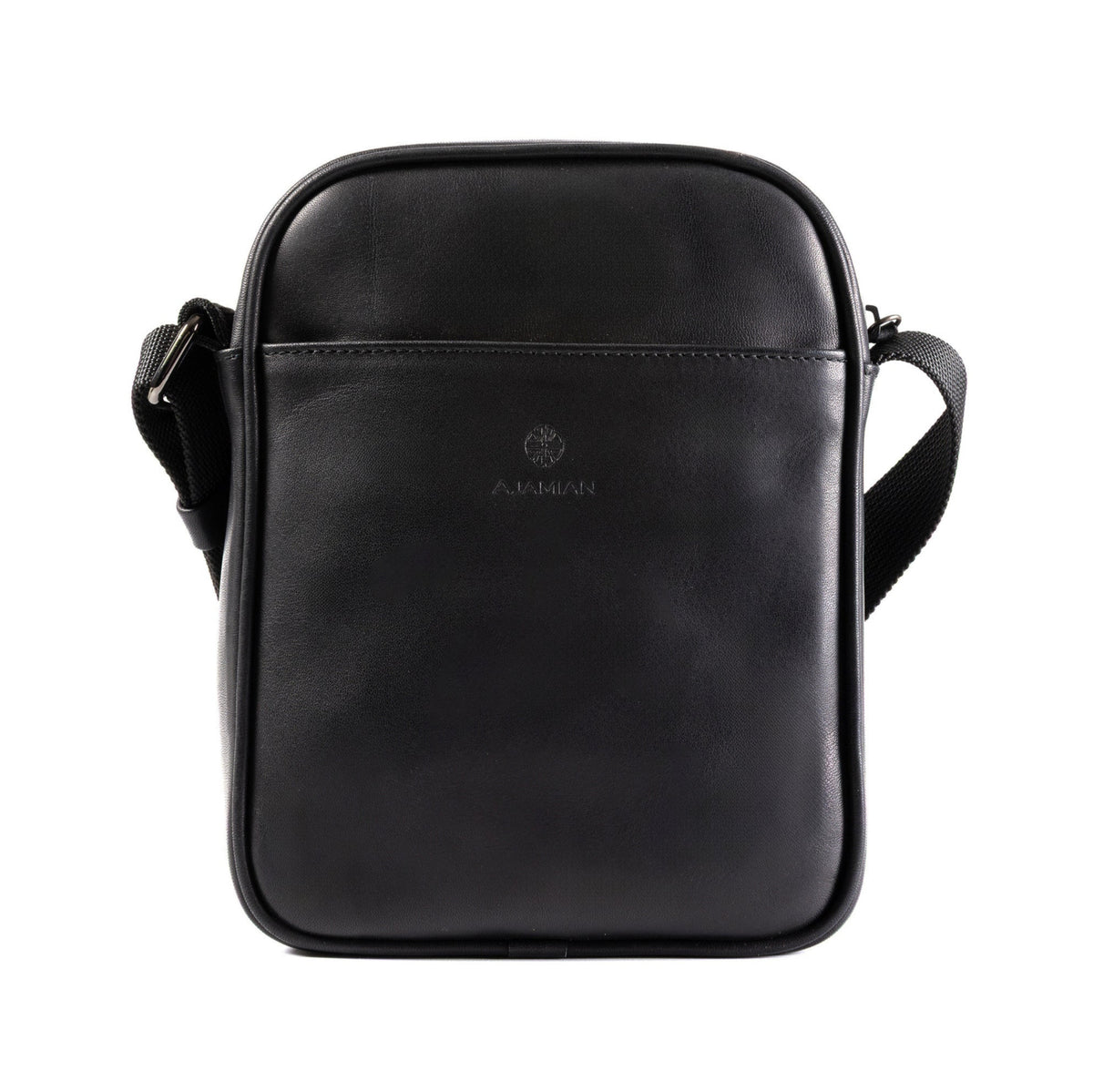 A black leather crossbody bag with a front zippered pocket and a small gold logo on the center, shown against a plain white background.