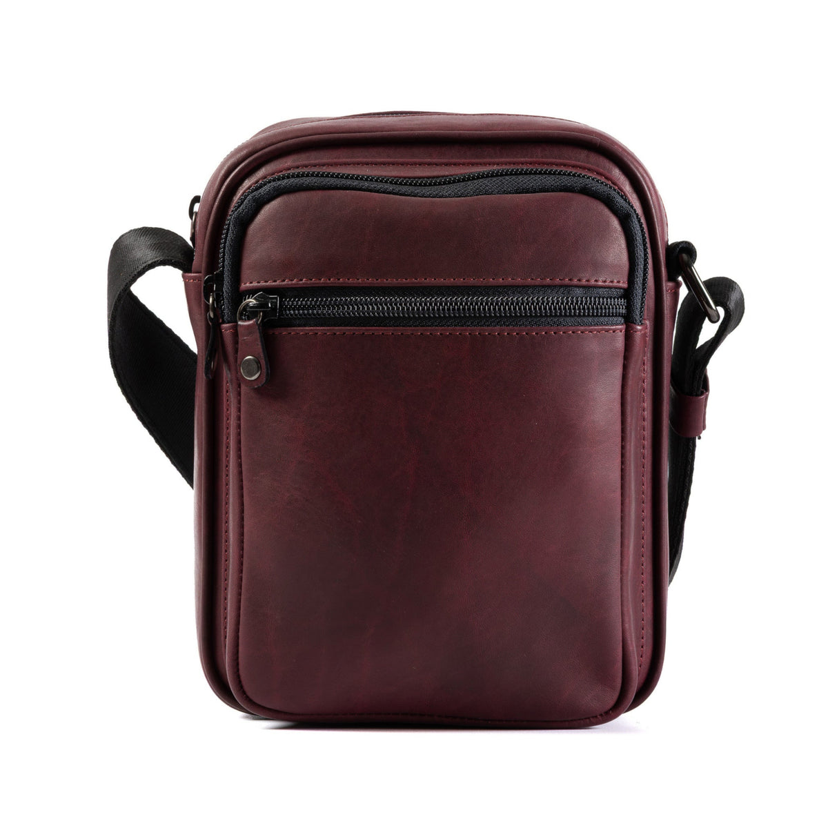 A small rectangular crossbody bag in dark burgundy leather with black trim and a black adjustable shoulder strap, shown against a plain white background.