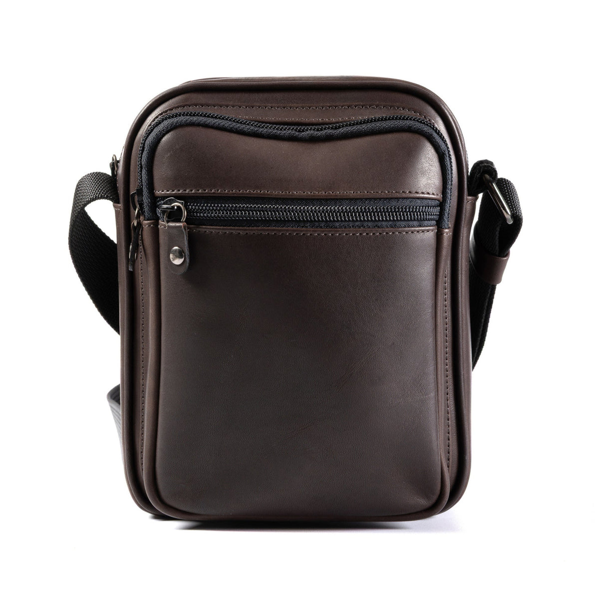 A dark brown leather crossbody bag with a front zippered pocket, shown against a plain white background.