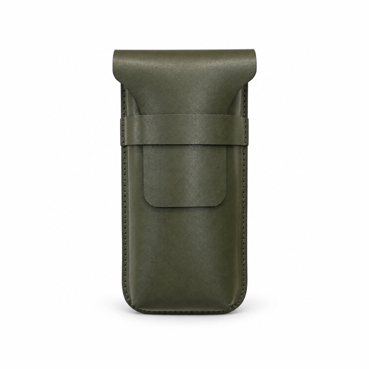 An olive green faux leather phone pouch with a front pocket and a horizontal strap closure, shown on a plain white background.