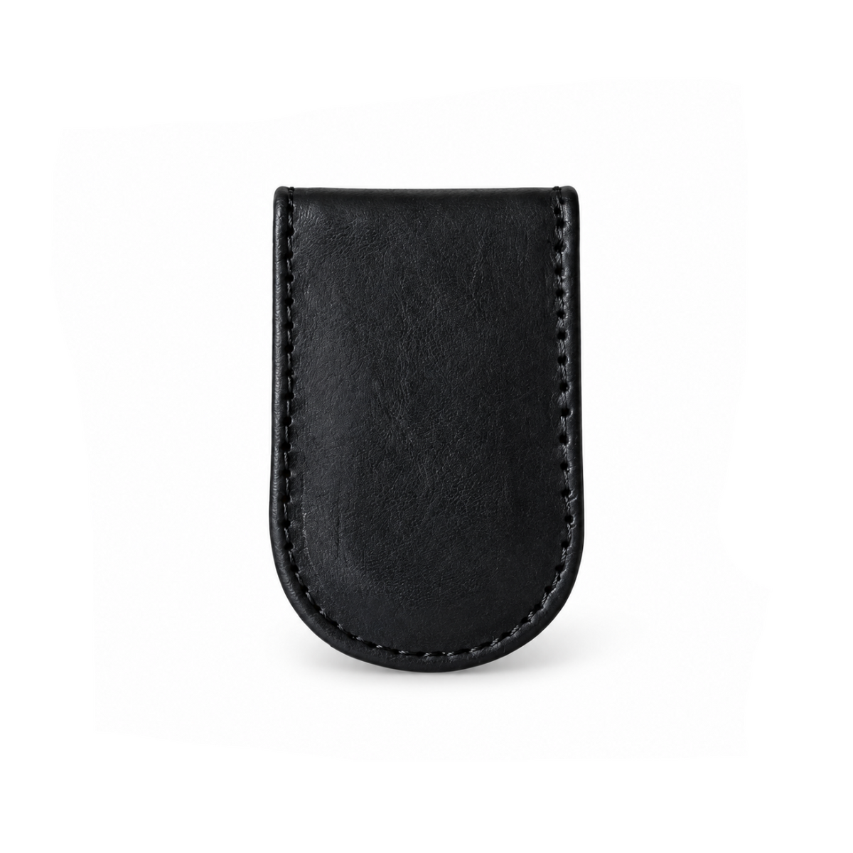 A black leather card holder or sleeve with rounded bottom corners and visible whipstitching along the edges, shown against a plain white background.