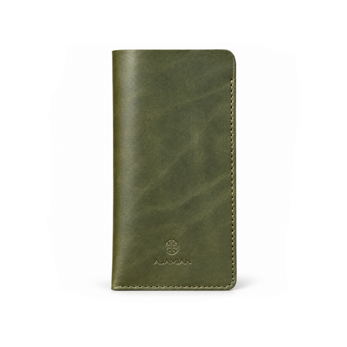 An olive green faux leather wallet phone case with a stitched edge and an embossed AJAMIAN logo on the front, shown on a plain white background.