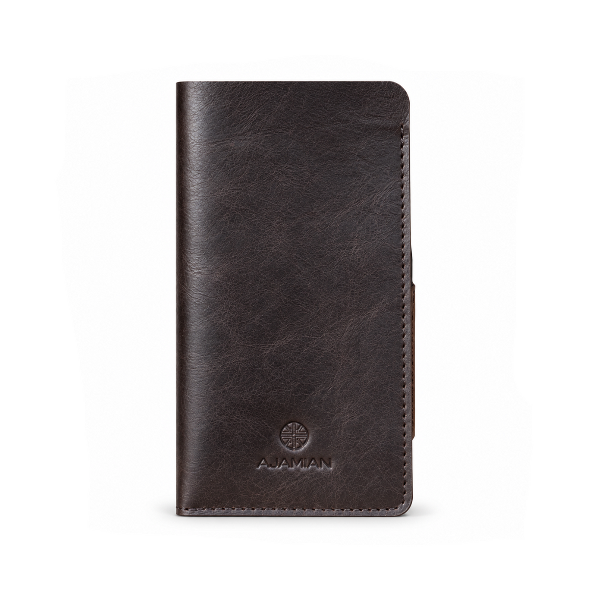 A dark brown textured leather wallet phone case with visible stitching and an embossed AJAMIAN logo near the bottom, shown on a plain white background.