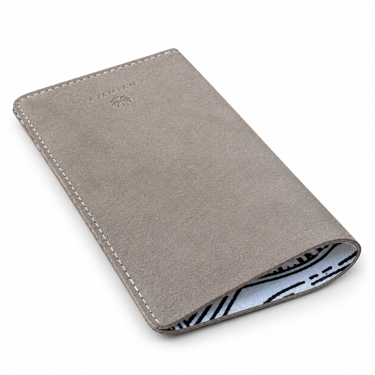A taupe-brown leather card holder wallet with white contrast stitching and a debossed logo on the front, shown on a clean white background.