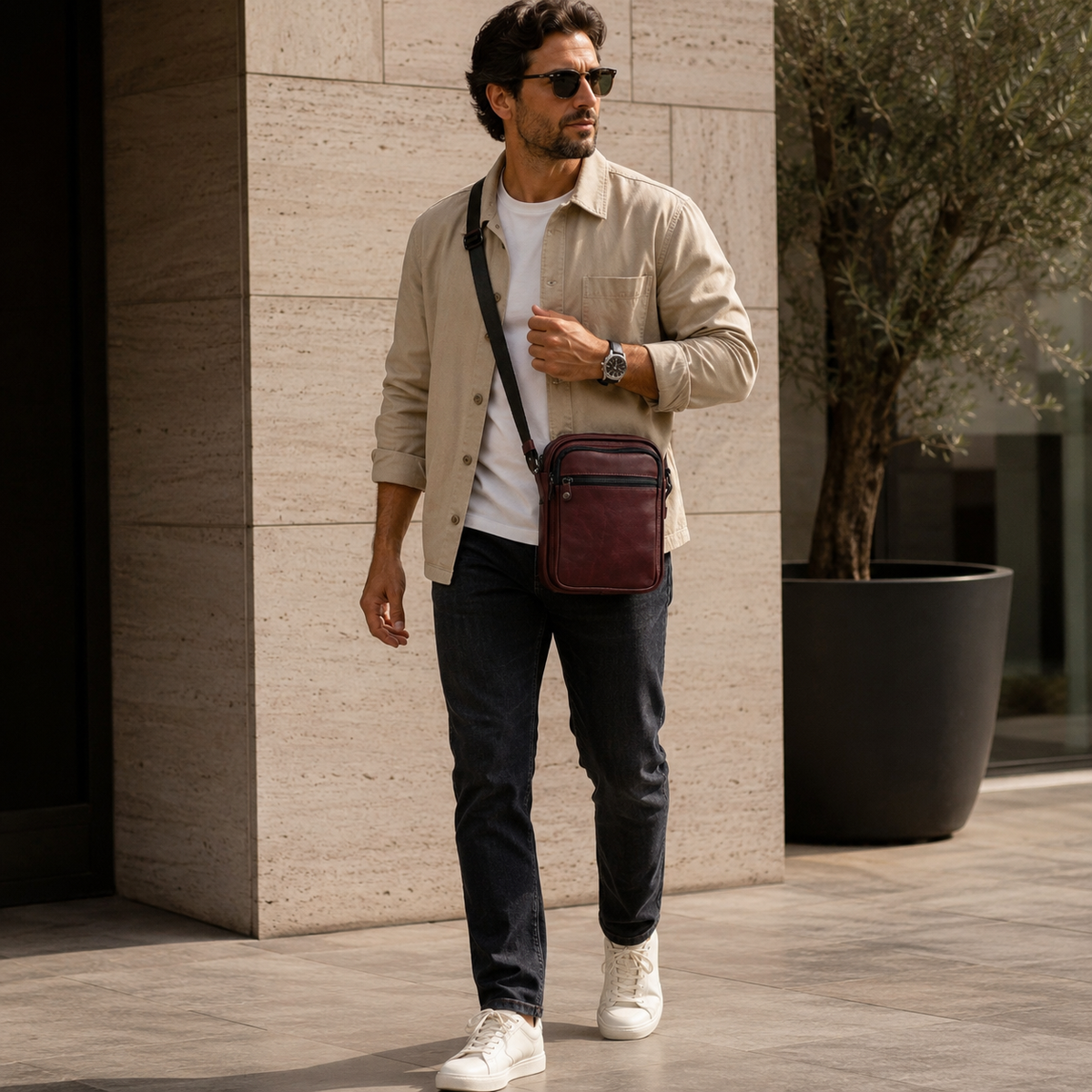 A man wearing a beige overshirt, dark jeans, white sneakers, and sunglasses carries a burgundy leather crossbody bag with a black strap while walking outdoors next to a stone wall and a potted tree.