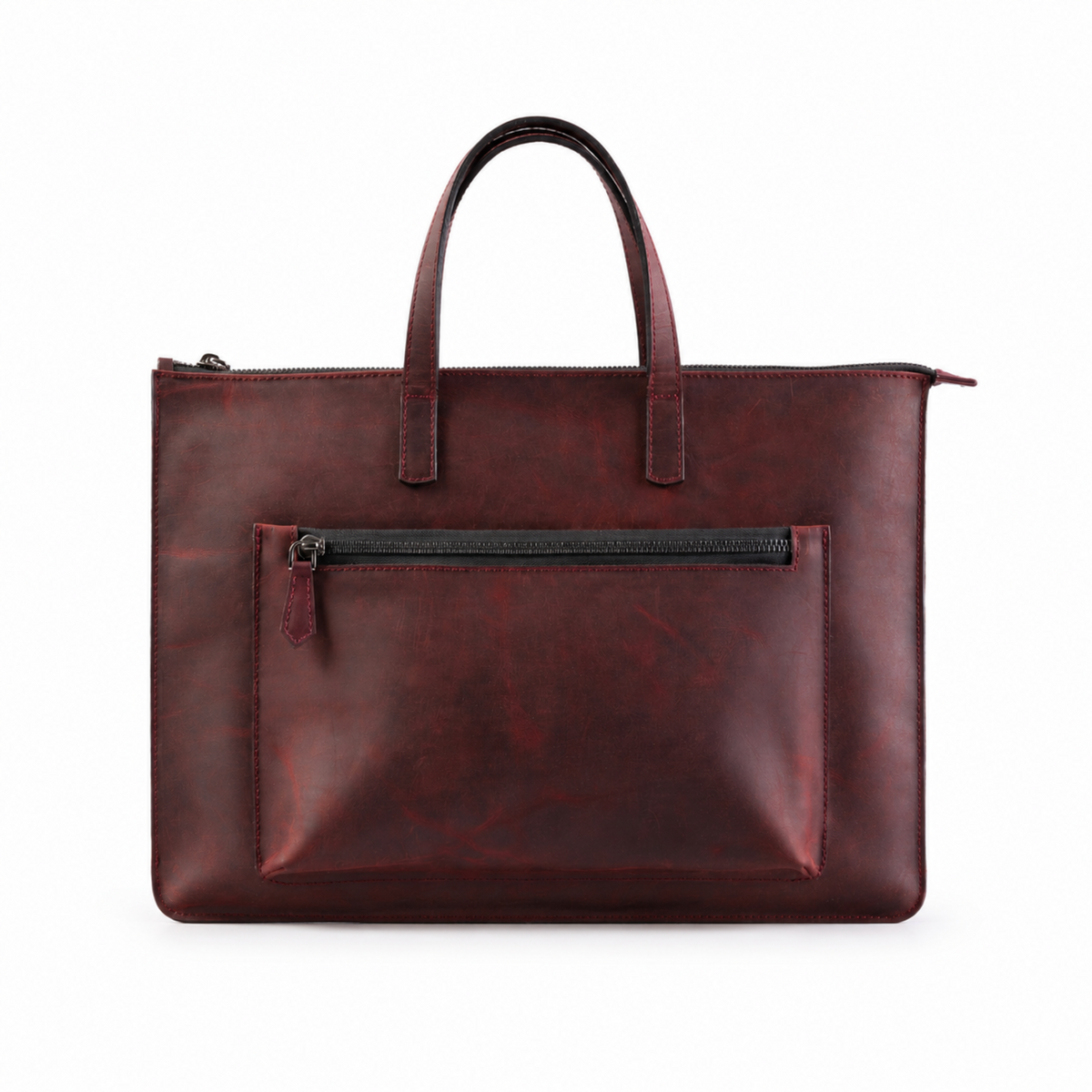 A dark reddish-brown distressed leather briefcase with top handles and a front zippered pocket, shown against a plain white background.