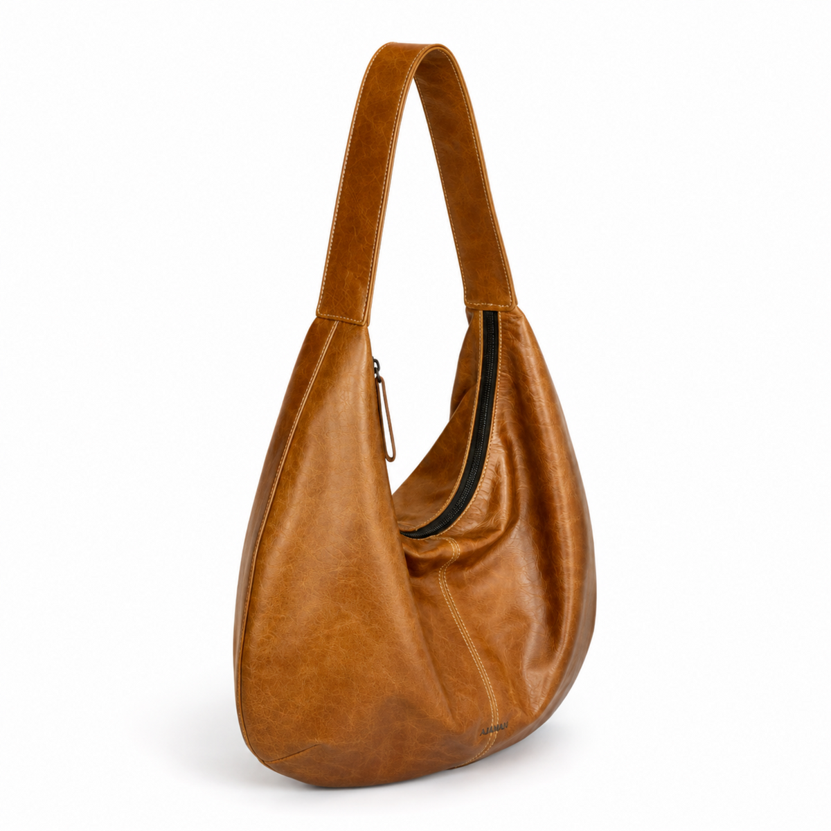 A slouchy hobo shoulder bag made of warm tan leather with a black zipper trim, shown on a clean white background.