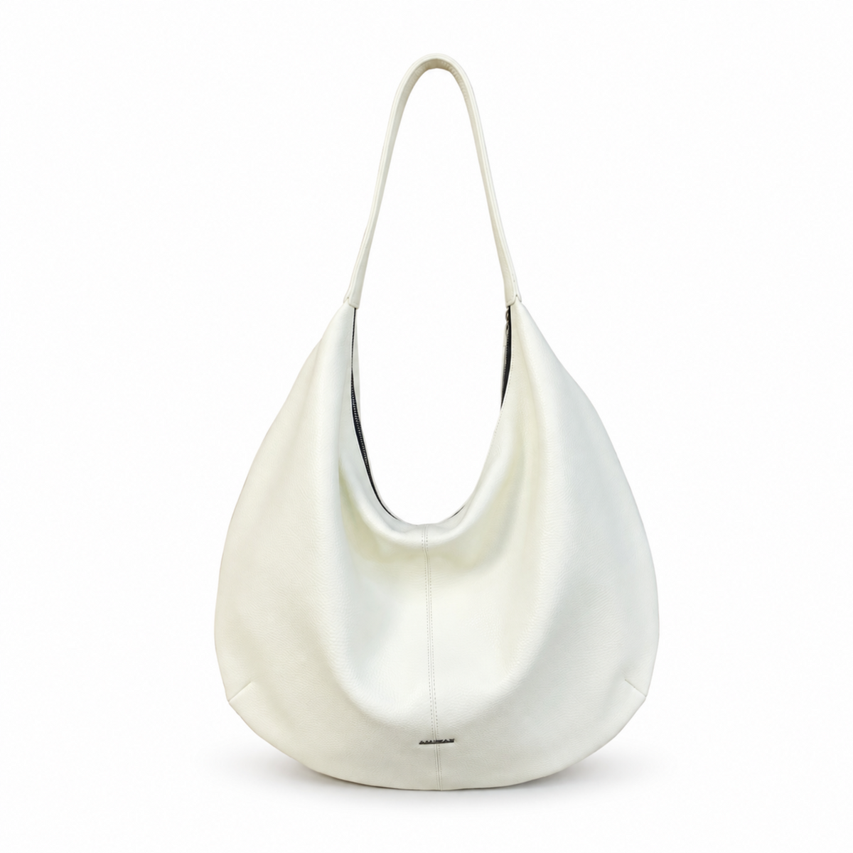 A slouchy, crescent-shaped shoulder bag in off-white leather with a single integrated shoulder strap, photographed against a seamless white background.