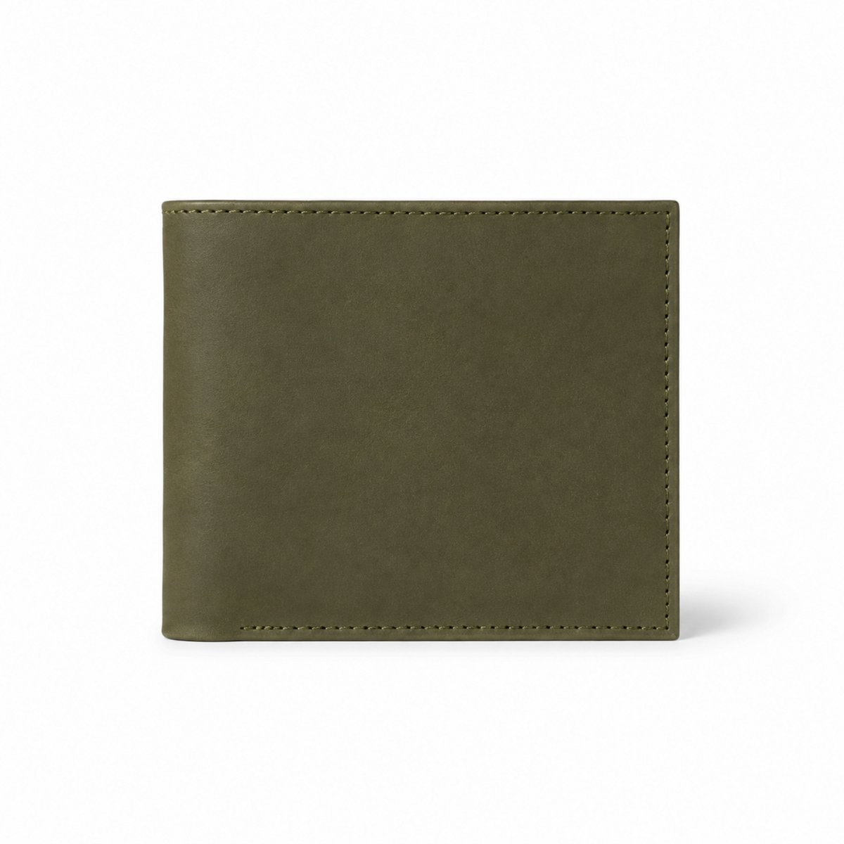 An olive green bifold wallet made of textured leather with visible stitching, shown closed on a clean white background.