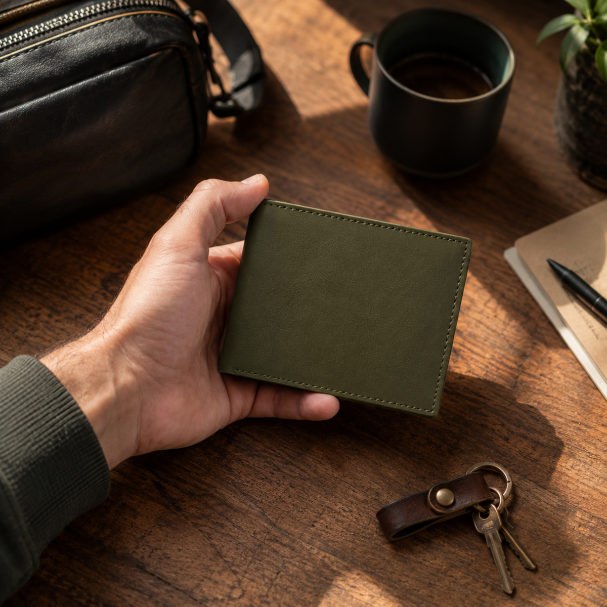 A hand holds an olive green bifold wallet on a rustic wooden desk, surrounded by a black leather pouch, a dark coffee mug, keys, and a notebook.