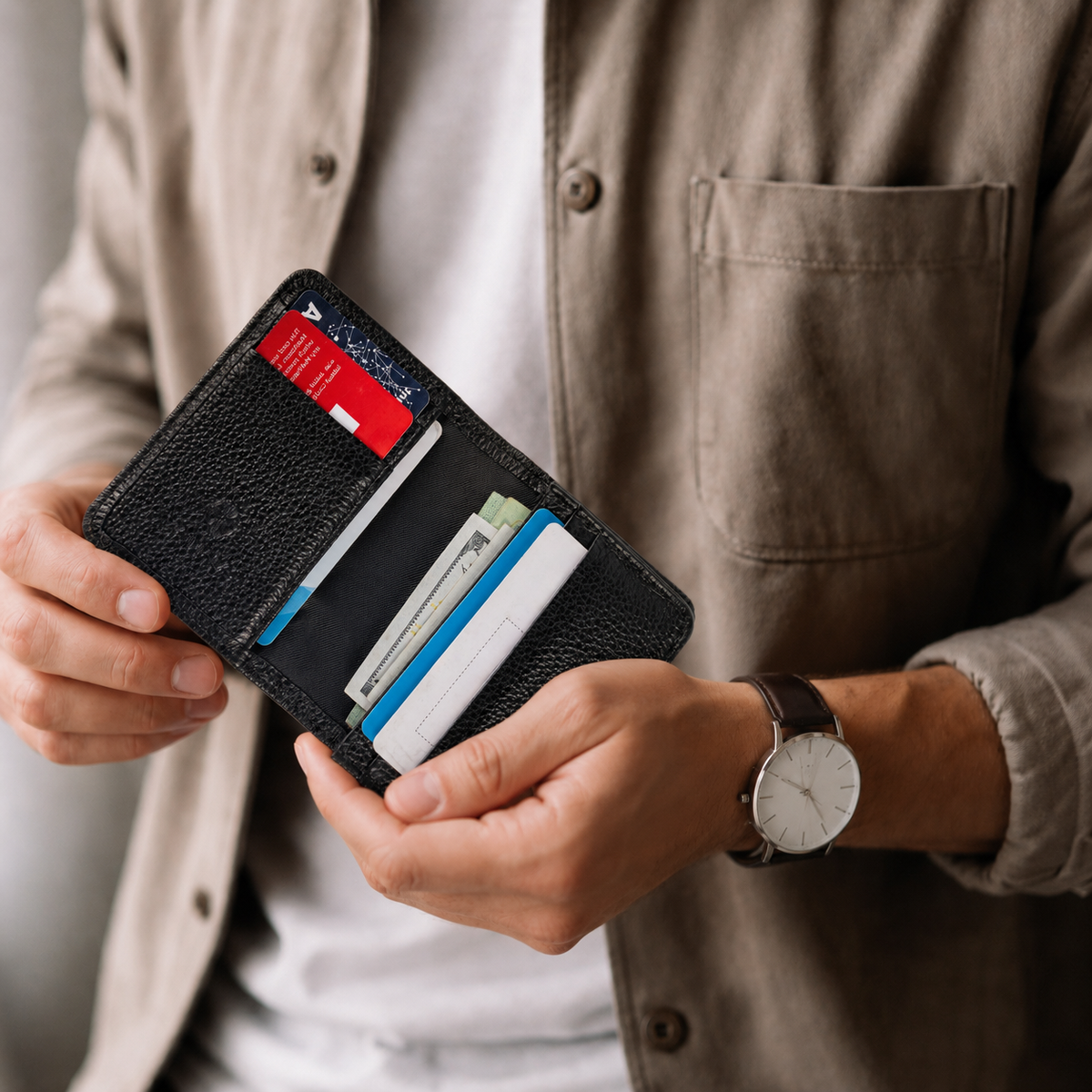 A close-up of a man holding an open black textured leather bifold wallet with multiple cards and cash inside. The man is wearing a beige overshirt over a white shirt and a brown leather watch with a white dial.