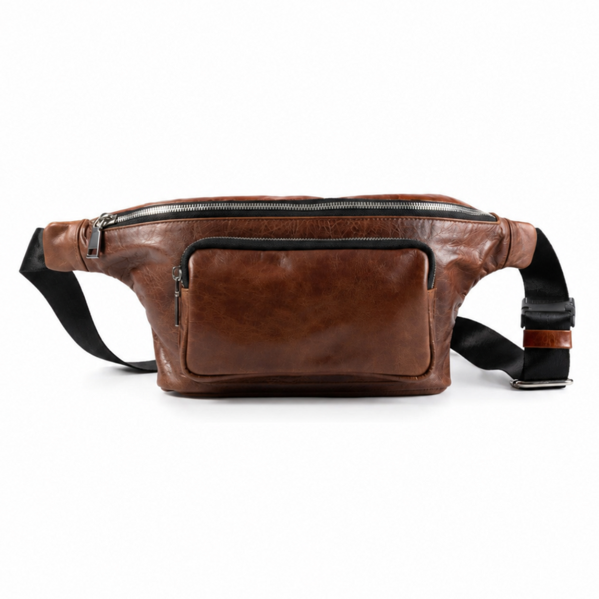 A brown leather fanny pack with a front zippered pocket and a black adjustable strap, shown against a plain white background.