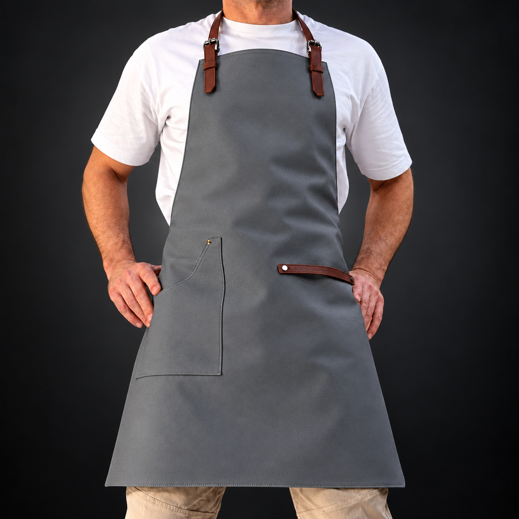 A man wearing a gray apron with brown leather straps and pocket details over a white t-shirt, photographed against a dark studio background. The apron has the words 'maman chocolat' printed on the chest.