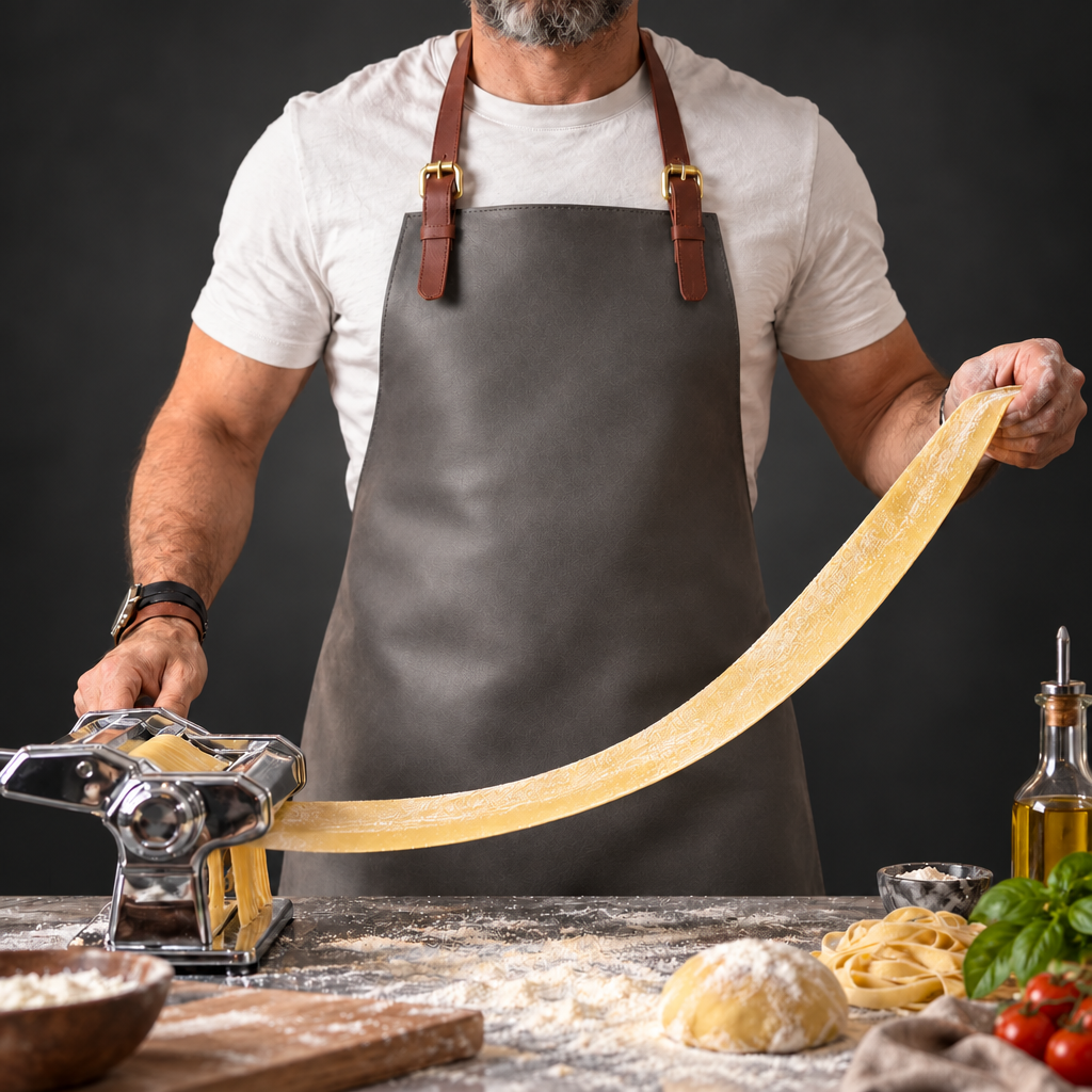 A man wearing a dark gray CHEFRO apron with brown leather straps pulls a long strand of freshly made pasta from a pasta machine on a rustic kitchen counter.
