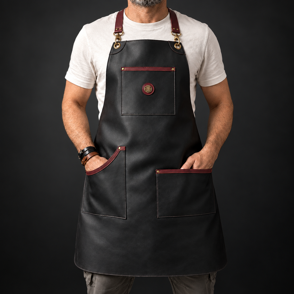 A man wearing a black leather apron with reddish-brown trim and straps, standing against a dark studio background. The apron has a chest pocket with a pen, a large lower front pocket, and a round metal logo badge.