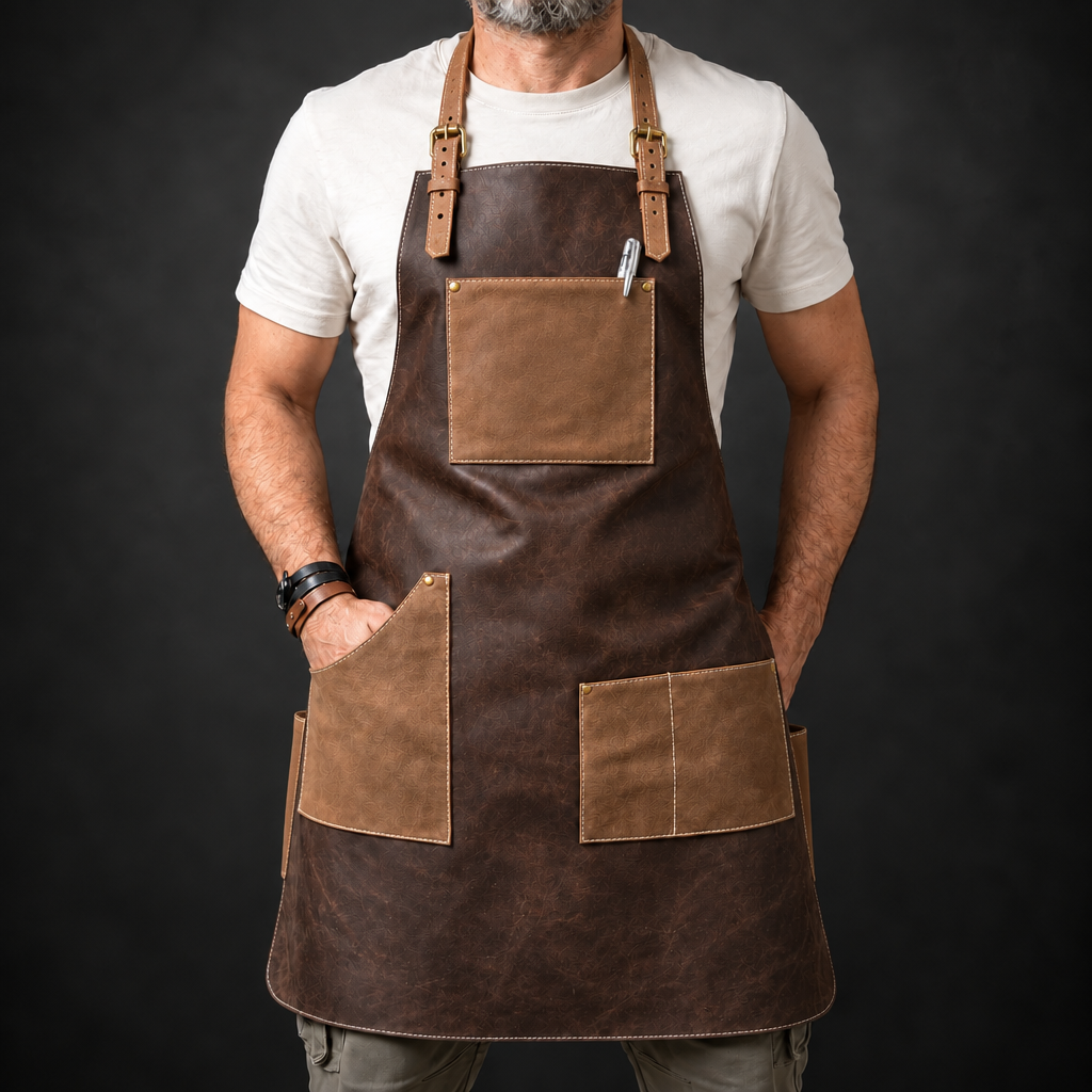 A man wearing a dark brown leather apron with lighter brown patch pockets and straps, styled over a white t-shirt against a dark gray background.