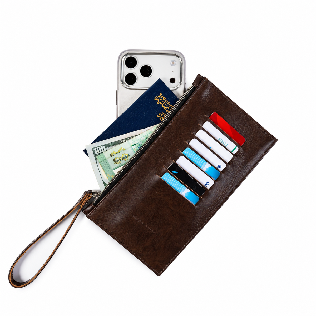 A dark brown full-grain leather zip-around wallet with a wrist strap, shown holding a smartphone, a passport, cash, and several cards in its card slots, on a solid white background.