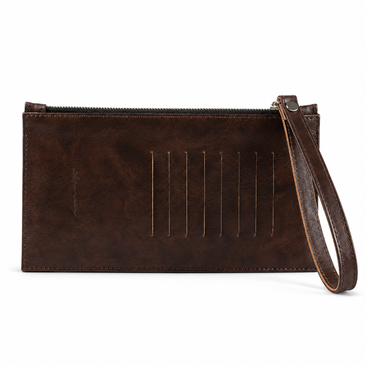 AJAMIAN SLIM dark brown full-grain leather long wallet with wrist strap and zip closure