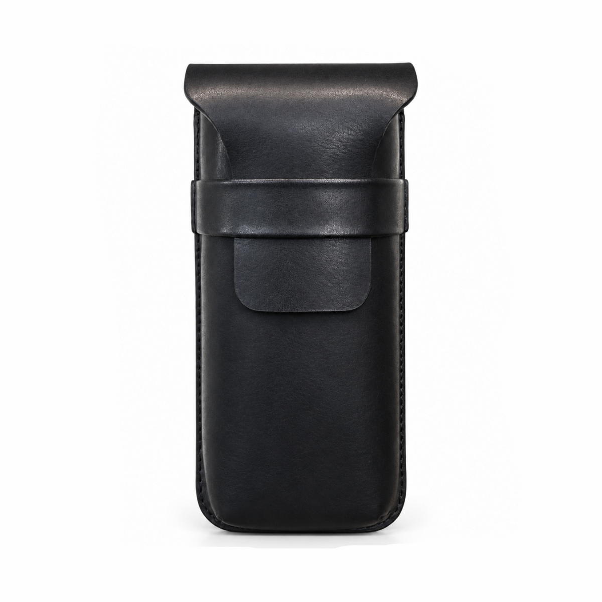 A black leather phone pouch with a strap closure, shown against a plain white background.