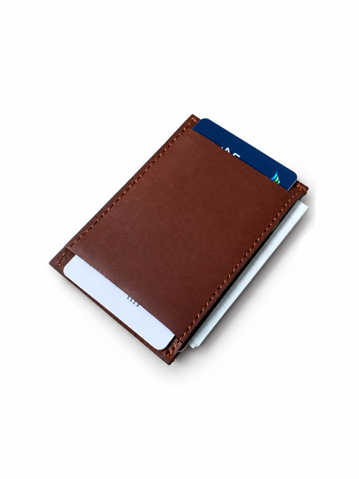 A brown leather card holder wallet with visible stitching, shown holding cards on a clean white background.