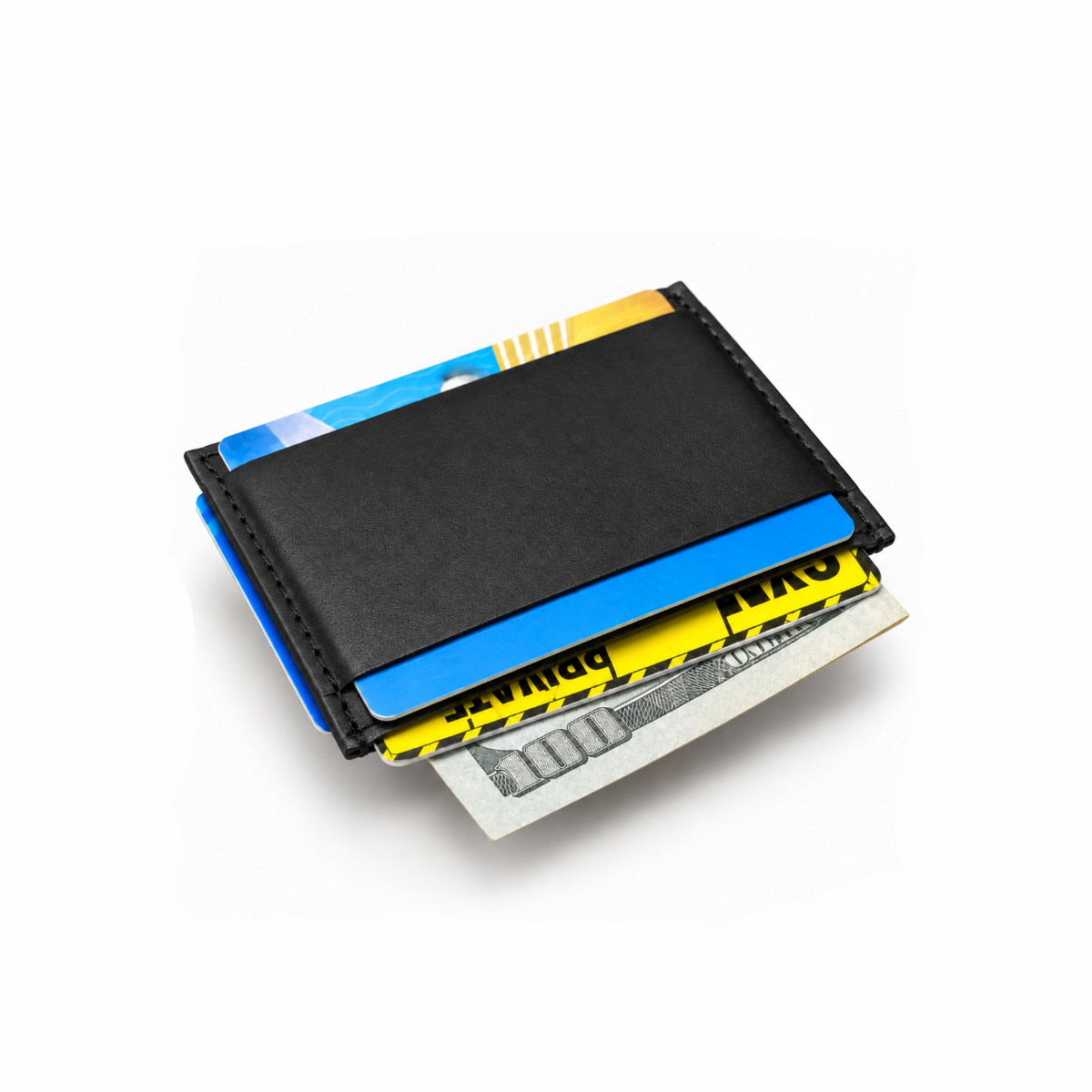 A slim black cardholder wallet with card slots and a cash compartment, shown holding credit cards and a dollar bill on a clean white background.