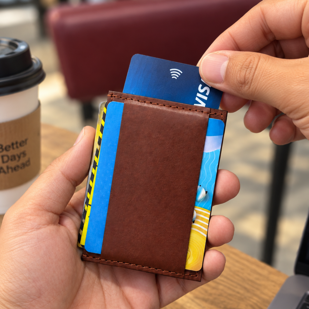 A close-up of a person holding a brown leather card holder wallet with cards inserted, set against a blurred cafe background with a laptop and coffee cup.