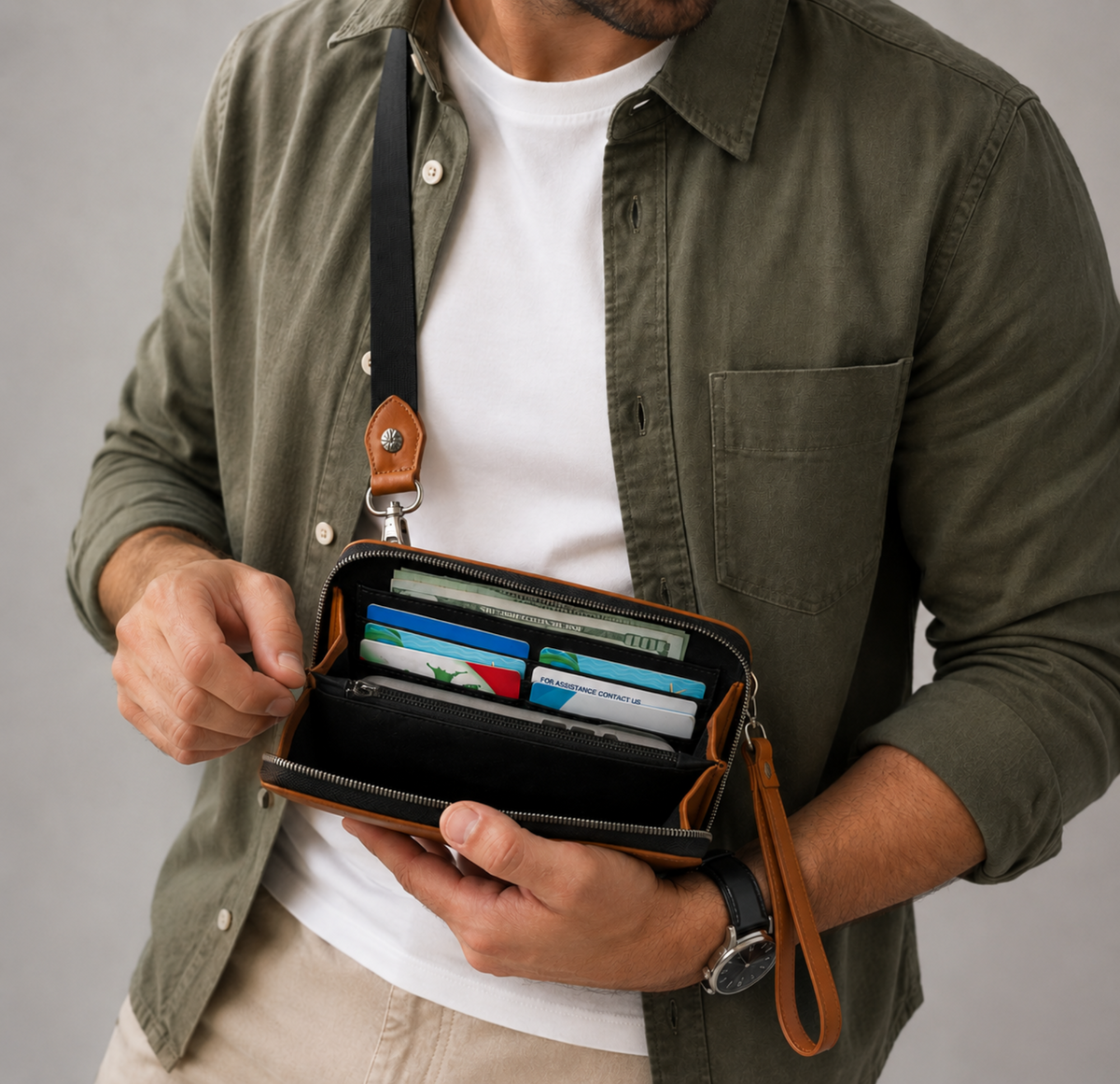 A man wearing an olive green shirt and white t-shirt holds an open brown leather crossbody wallet pouch with card slots and a wrist strap, shown against a neutral gray background.