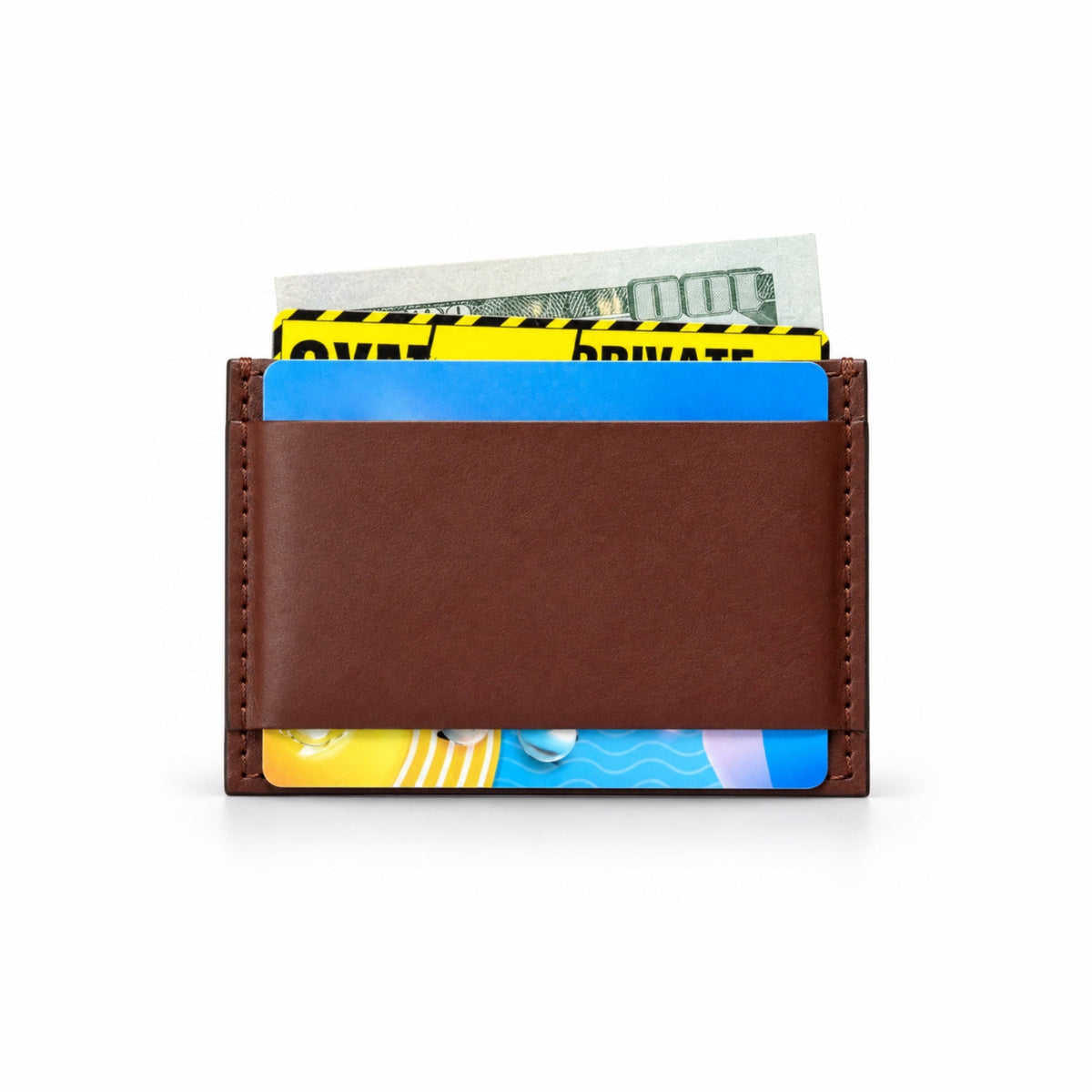 A brown leather cardholder wallet shown open with a stack of cards and a dollar bill partially visible, set against a plain white background.