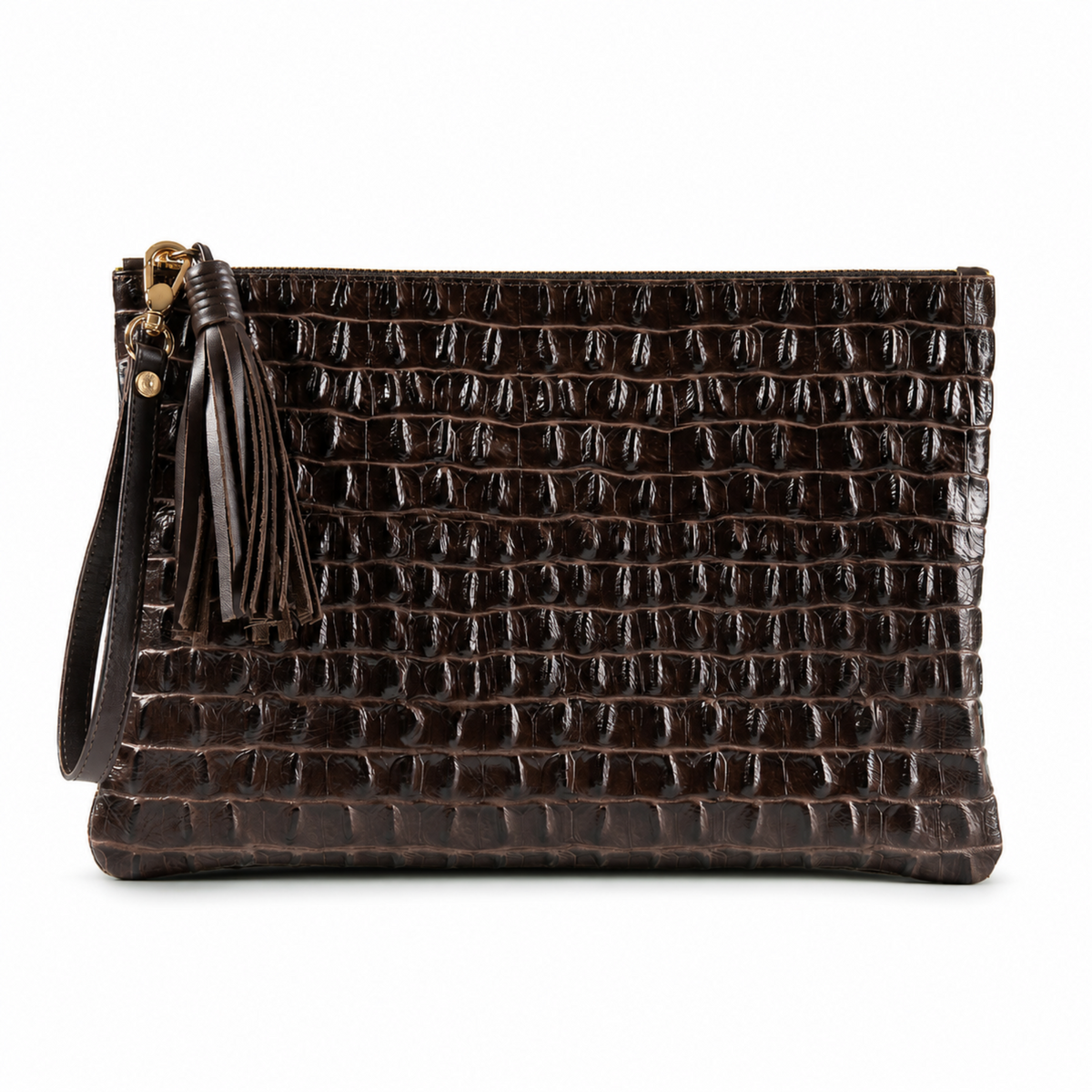 A dark brown crocodile-embossed leather clutch pouch with a wristlet strap and a decorative tassel zipper pull, shown on a plain white background.