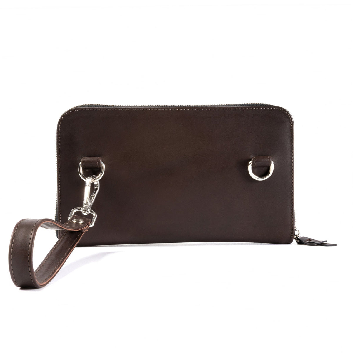 A dark brown leather zip-around clutch wallet with a matching wristlet strap and silver-tone metal hardware, shown against a plain white background.