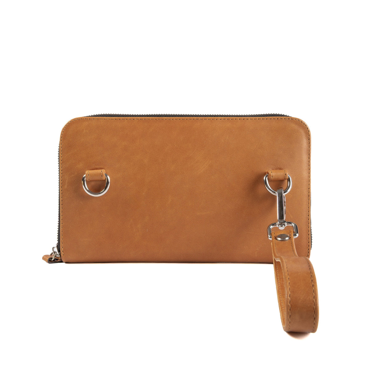 A tan leather zip-around clutch wallet with a wristlet strap and silver-tone hardware, shown against a plain white background.