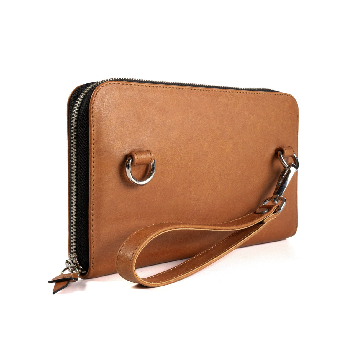 A tan leather wristlet wallet with a matching wrist strap, a circular metal ring detail, and a zipper closure, shown on a plain white background.
