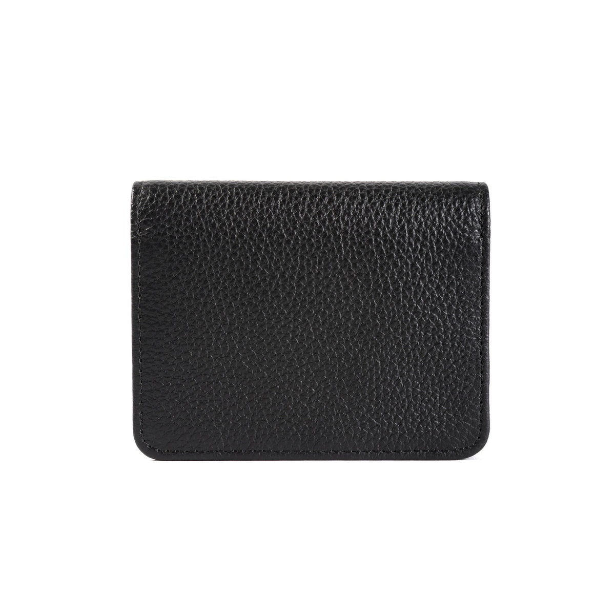 A black pebbled leather bifold wallet shown closed against a plain white background.