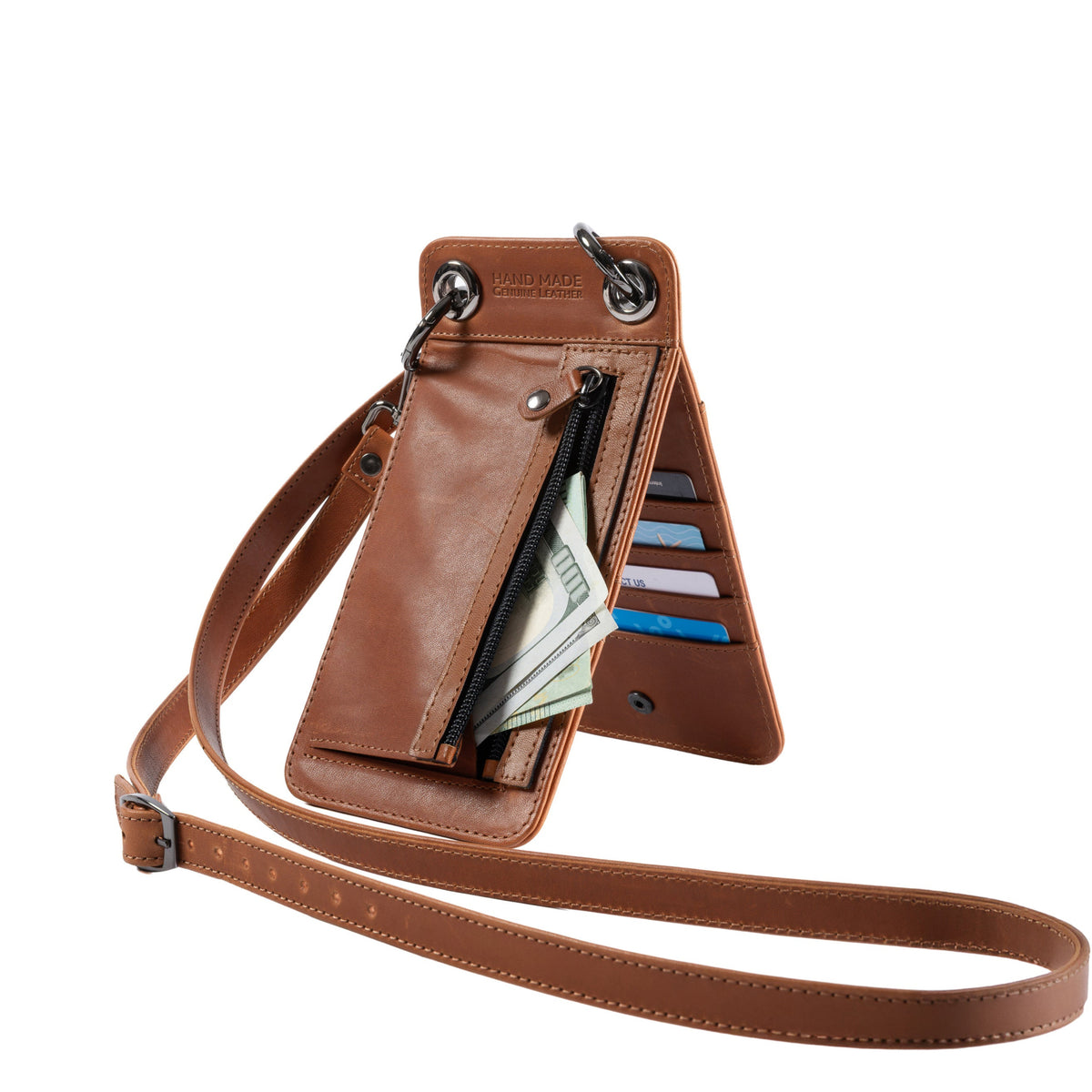 A brown leather crossbody wallet with an attached long strap, shown open to reveal card slots, cash, and a zipper pocket, on a plain white background.