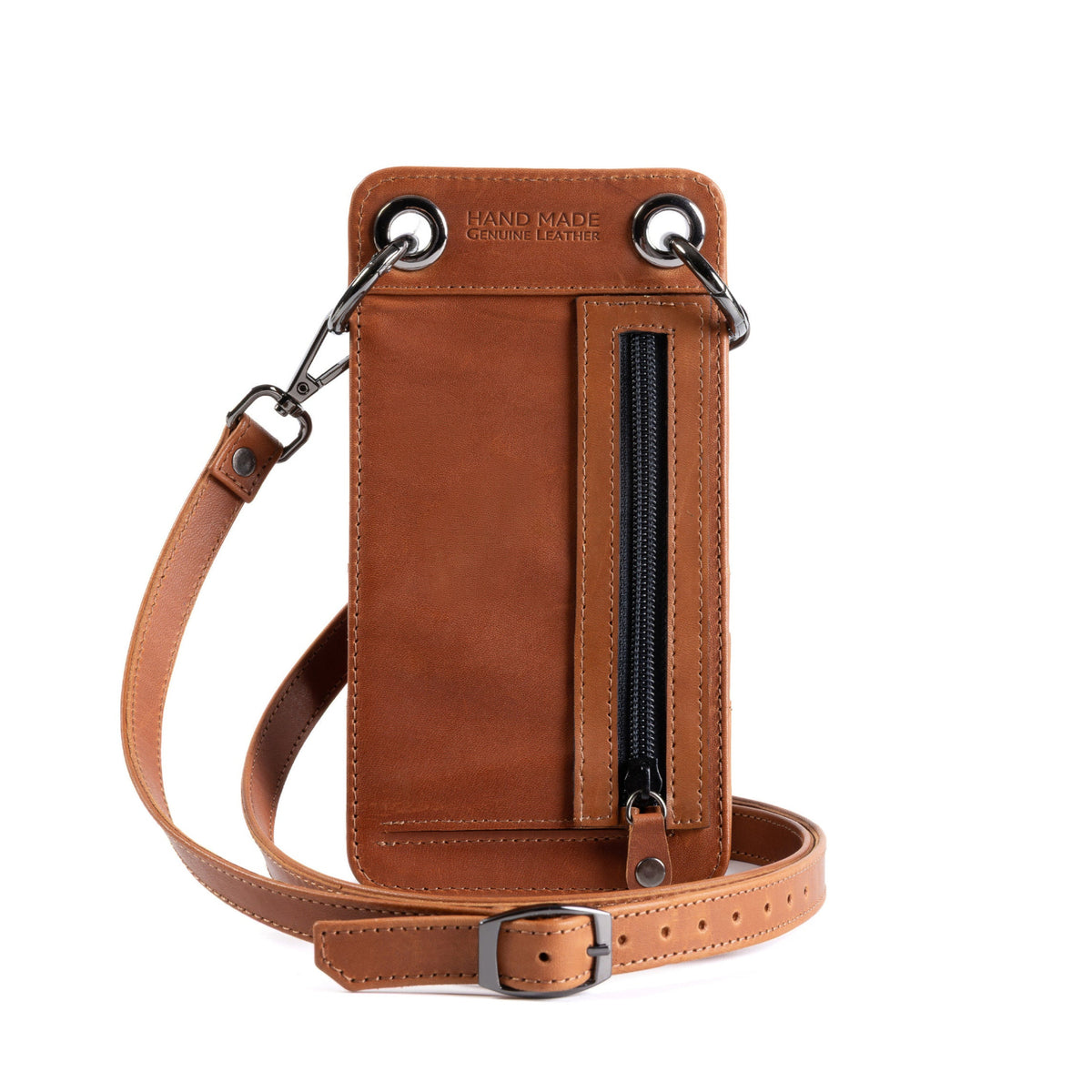 A brown leather crossbody phone pouch with a vertical zipper pocket and an adjustable leather strap, shown on a plain white background.