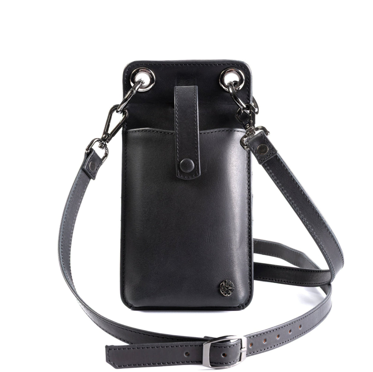 Black leather crossbody phone pouch with a detachable strap, shown on a plain white background.