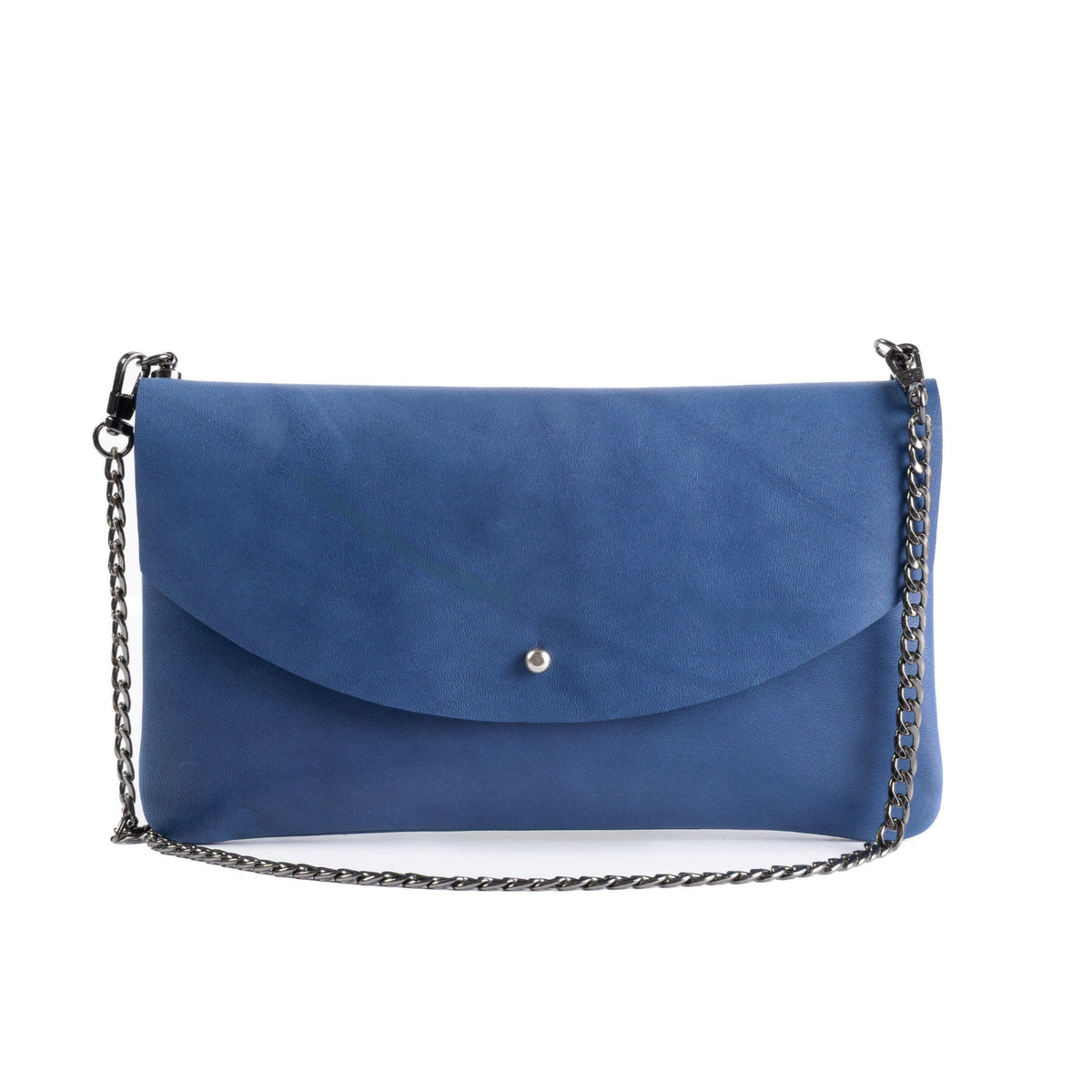 A blue envelope-style shoulder bag with a silver chain strap and a small silver logo on the front flap, centered on a plain white background.