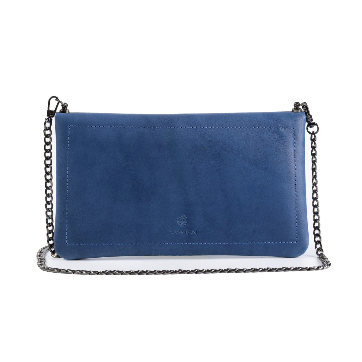A blue leather clutch bag with a silver chain shoulder strap, shown against a plain white background.